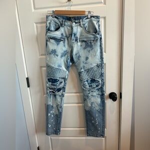 DOPE Buckle Men's Button Fly Distressed Bleached Moto Tapered by Leg Jeans